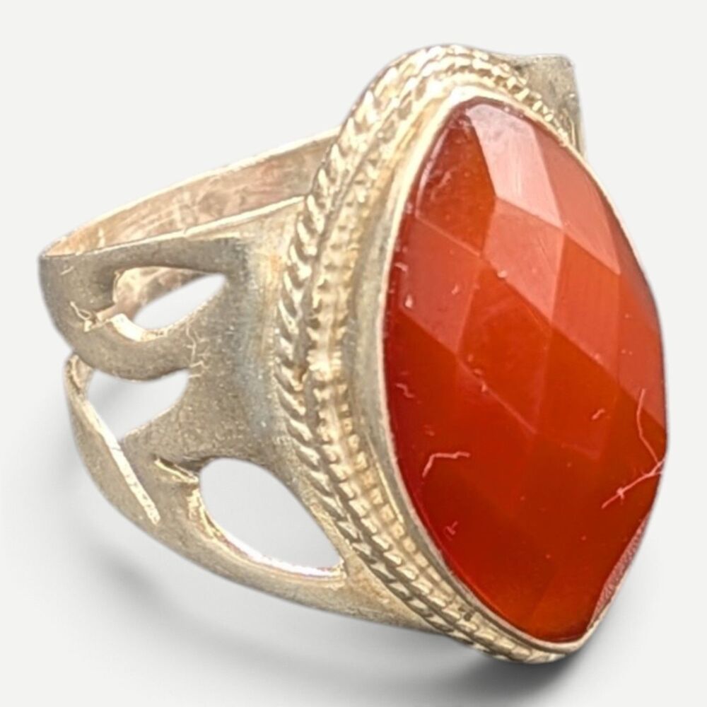 Vintage Sterling & Carnelian Ring - Filigree, High Mount Size 8.25 / 5 Gram
